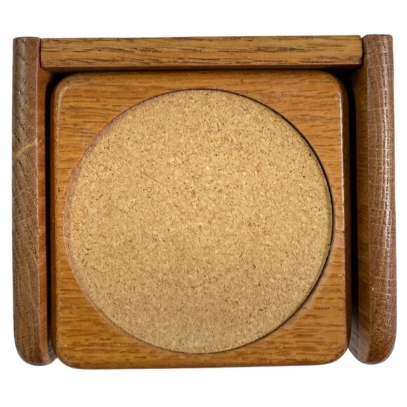 Set Of 6 Wooden Coasters With Cork Insert Matching Holder Vintage 80s Golden Oak - Picture 2 of 12